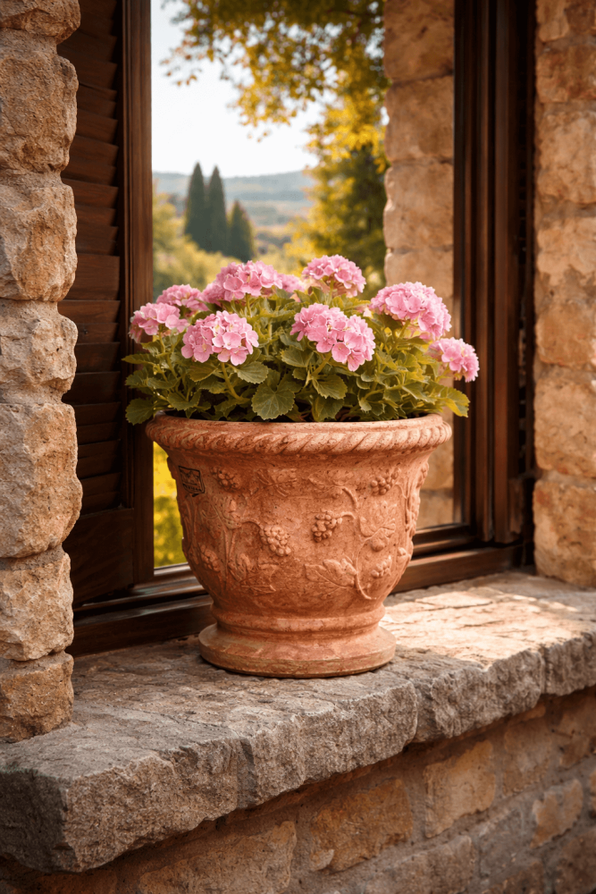 Petit pot en terre cuite décoré de grappes de raisin et de vignes – charme méditerranéen pour intérieur et extérieur